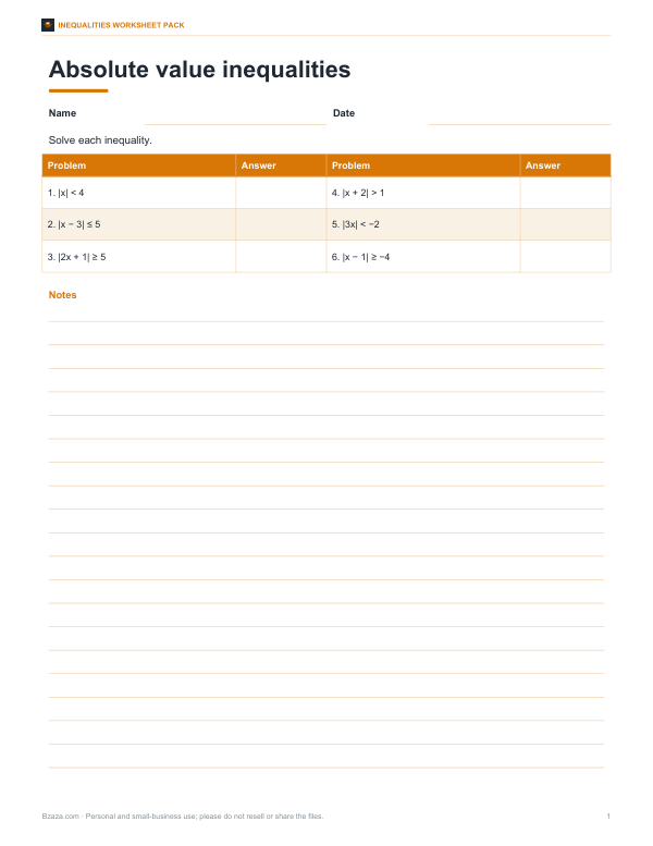 Preview of Absolute Value Inequalities Worksheet
